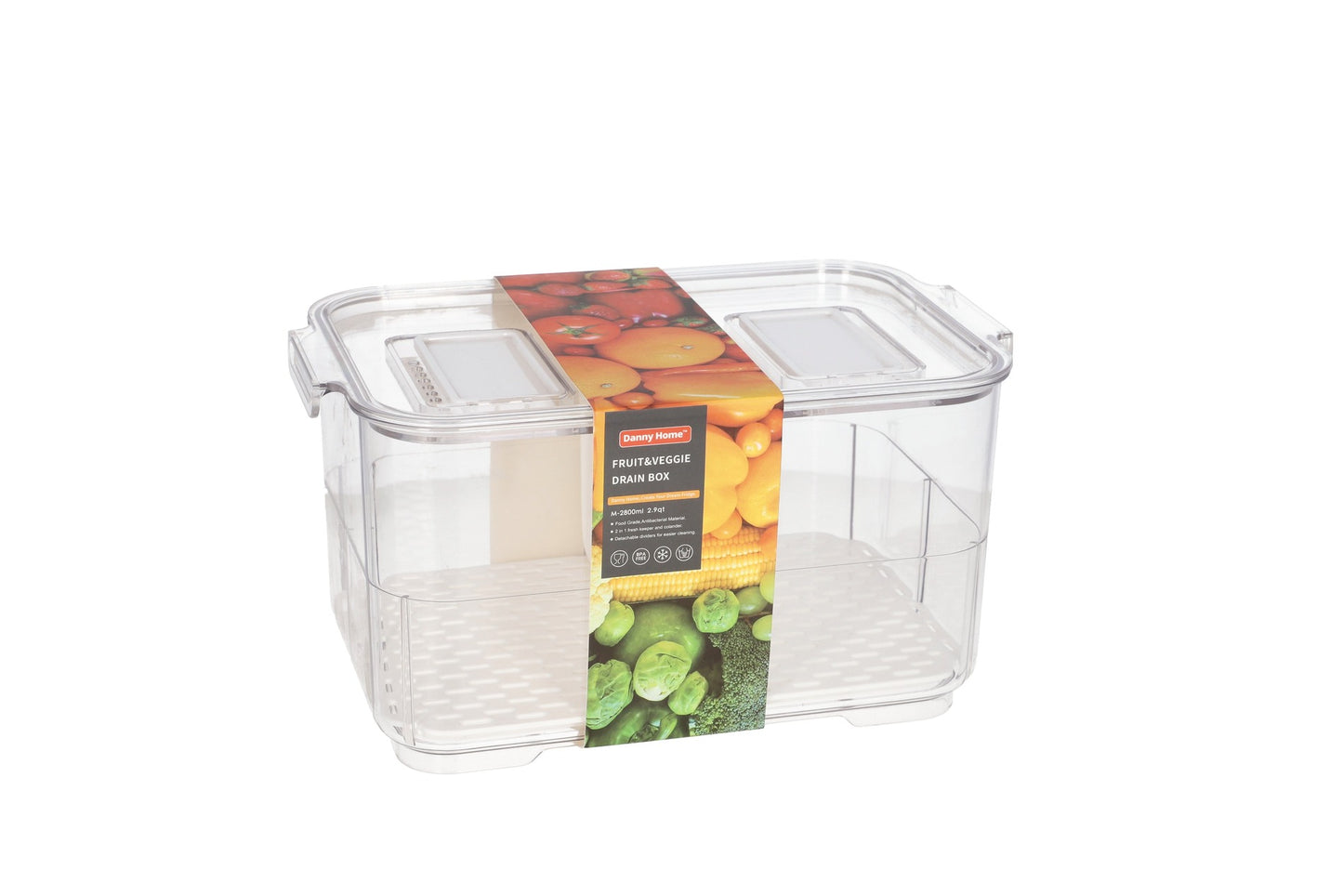 2-in-1 Clear PET Plastic Rectangular Fruit and Veggie Drainer Storage Box 23.3cm 520g