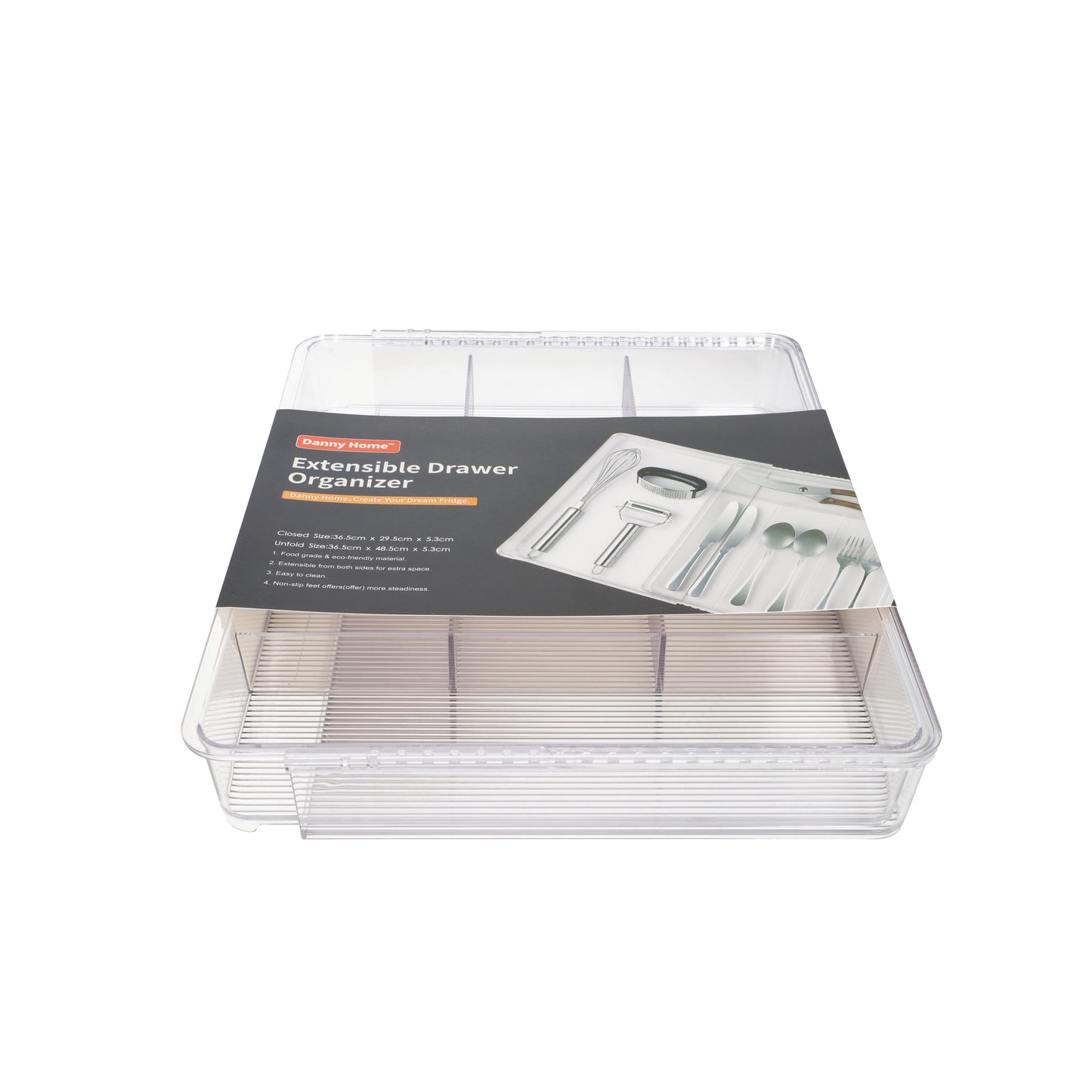 Clear PET Plastic Rectangular Cutlery Extensible Drawer Organizer 36.5cm 1152g