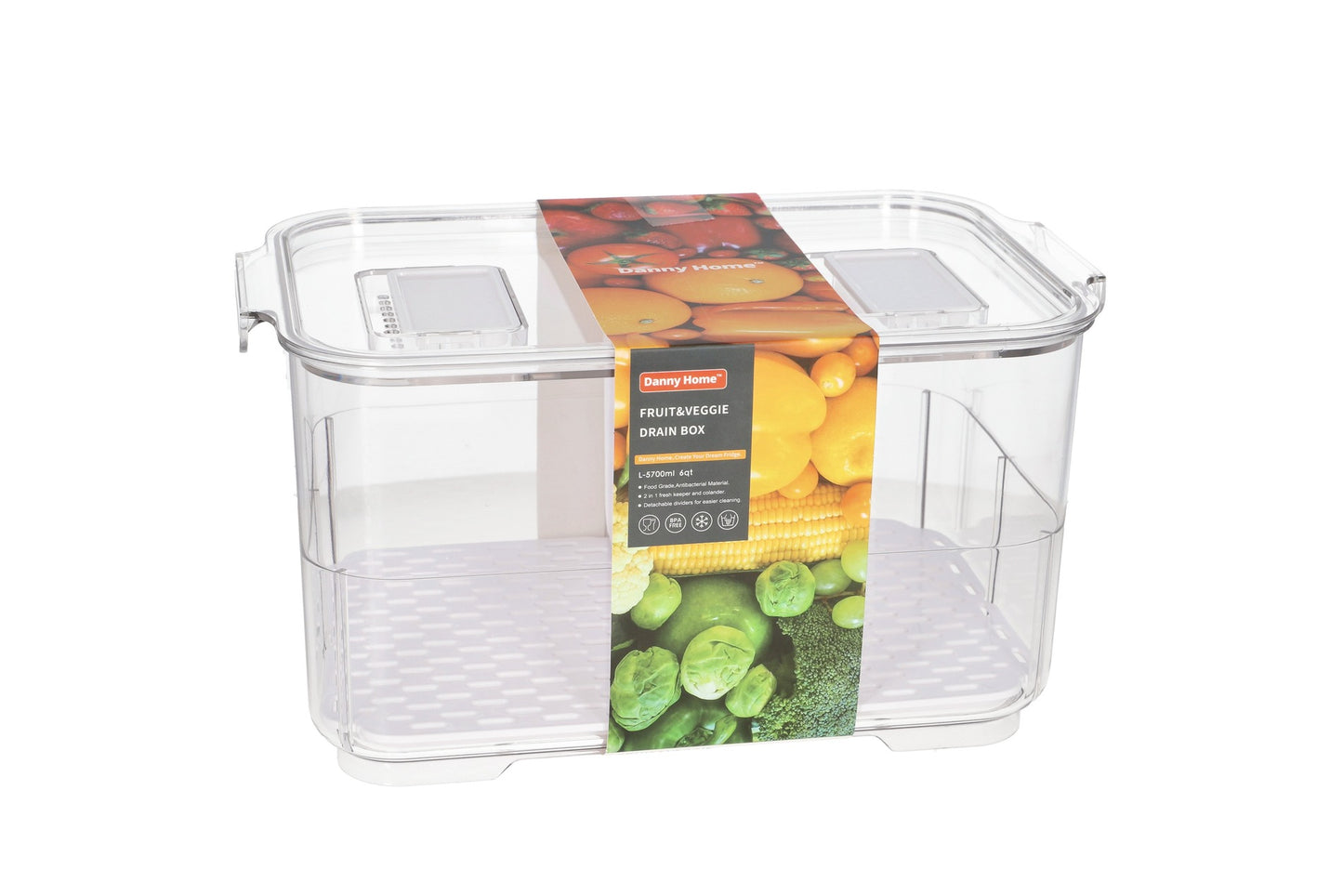 2-in-1 Clear PET Plastic Rectangular Fruit and Veggie Drainer Storage Box 27.6cm 726g