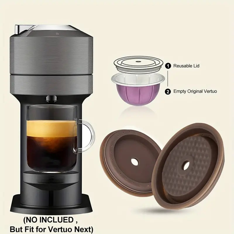 Reusable Silicone Coffee Capsule Lids - Universally Compatible with Nespresso Pods Vertuo, Food-Grade, Easy-to-Clean, and BPA-Free - Includes Scoop and Brush for Every Size Refillable Vertuo Capsule