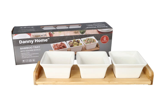Danny Home Bamboo Tray & Ceramic Bowls Serveware Set 4pcs 35cm