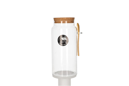 Clear Round Storage Jar, Glass Storage Tank With A Natural Bamboo Lid & Tea Spoon 1300ml 21.7cm
