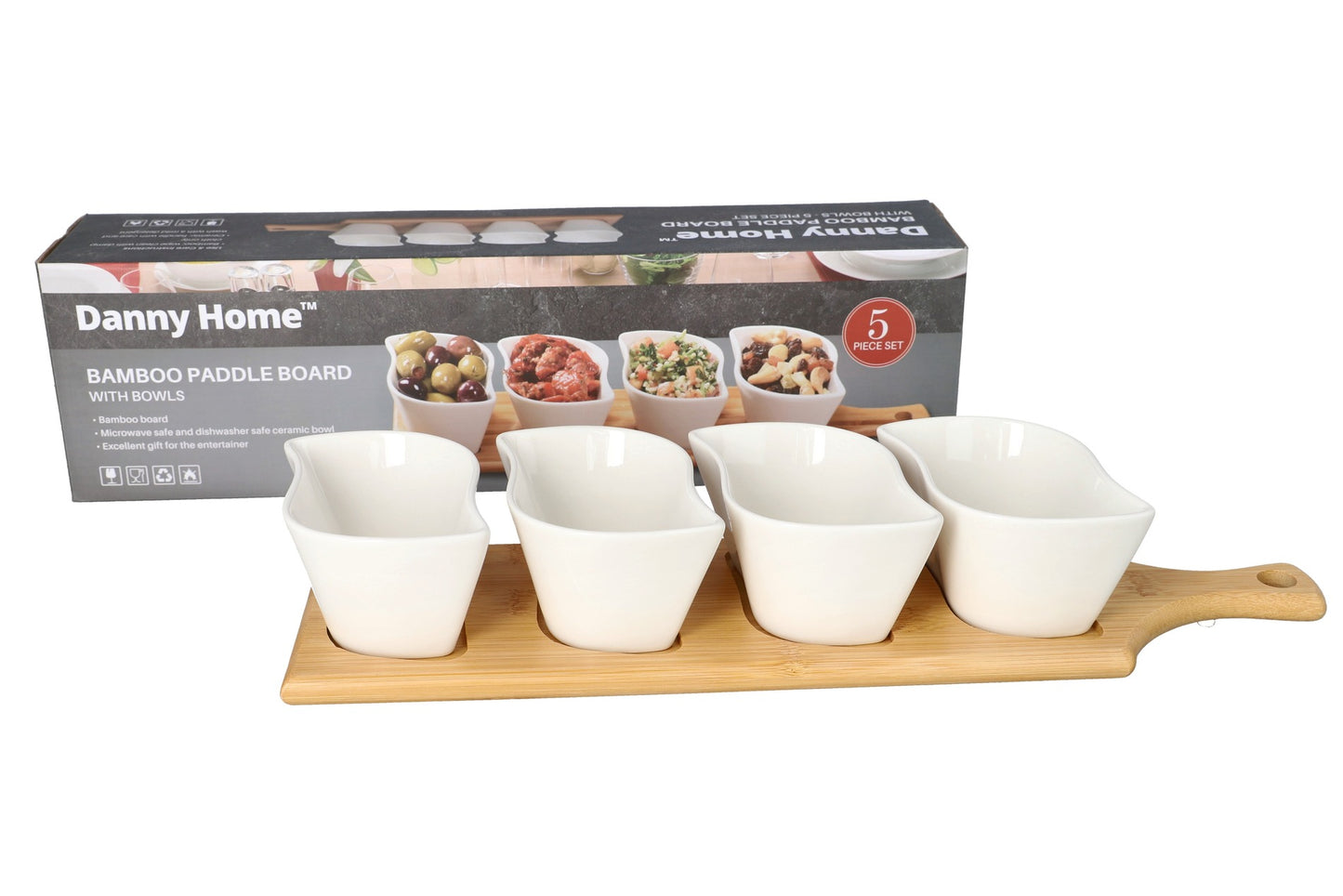 Danny Home Bamboo Paddle Board & Ceramic Bowls Serveware Set 5pcs 40cm